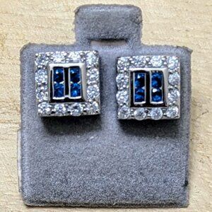 🆕 STERLING SILVER SIMULATED BLUE SAPHIRE & CUBIC ZIRCONIA SQUARE STUD EA…